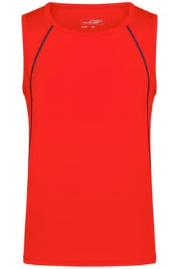 A bright red men's sports tank top with contrasting trim and a logo.