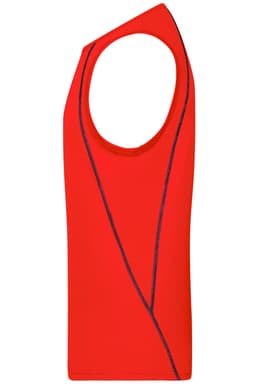 A red men's sports tank top with a sleeveless design and contrasting seams. It features a logo at the neckline.
