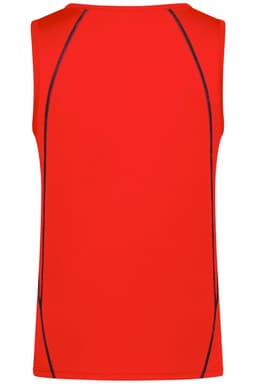 A red men's sports tank top featuring contrasting seams and a logo. Suitable for active wear.