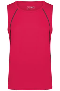 A red men's sports tank top featuring a simple design and contrasting details, with a logo on the front.