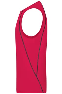 A red men's sports tank top featuring a curved design and a logo on the side.