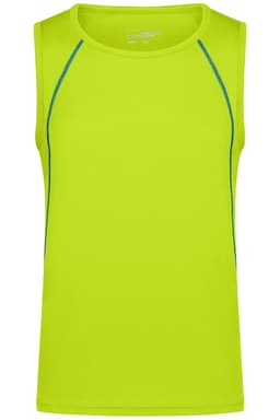A bright yellow men's sports tank top featuring contrasting blue stitching and a logo.