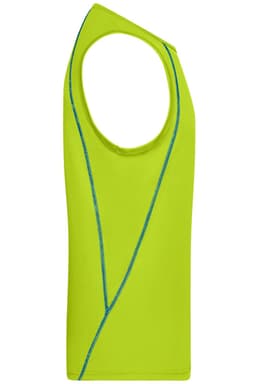 A bright green men's sports tank top featuring a unique design and a logo.