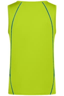 A bright green men's sports tank top featuring blue accents and a logo. The style is sleeveless and fitted.