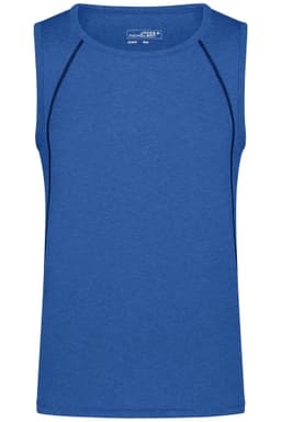 A blue men's sports tank top with a simple design and a logo. The fabric appears lightweight and smooth.