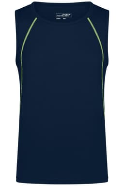 A navy men's sports tank top with lime green accents and a logo.