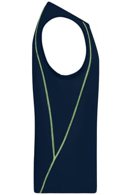 A men's sports tank top in navy blue with green detailing and a logo. It features a sleeveless design.