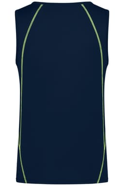 A men's sports tank top in navy blue with contrasting green stitching and a logo on the back.