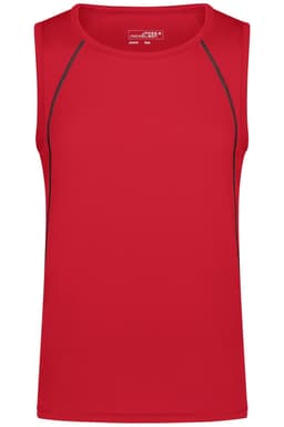 A red men's sports tank top with grey stitching and no sleeves, featuring a logo.