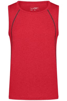 A red men's sports tank top with contrasting stitching and a logo. It features a sleeveless design.
