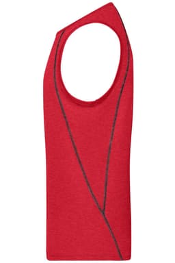 A red men's sports tank top featuring a sleeveless design and contrasting stitching. It has a logo.