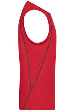 A red men's sports tank top with a sleeveless design and contrasting seams, featuring a logo.