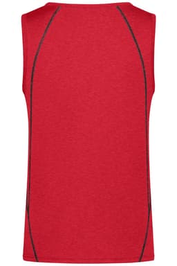 A red men’s sports tank top featuring contrasting side stitching and a branded logo.