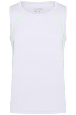 A white men's sports tank top with contrasting green seams and a logo on the upper part.