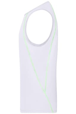A white men's sports tank top featuring neon green accents and a logo.
