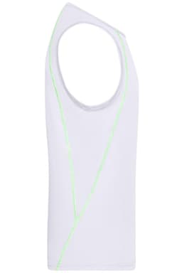 A sleeveless men's sports tank top in white with green accent stitching and a logo on the side.