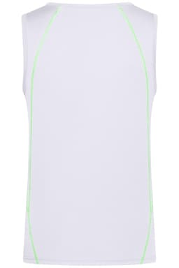 A white men's sports tank top featuring neon green stitching and a simple design. It has a branding logo.