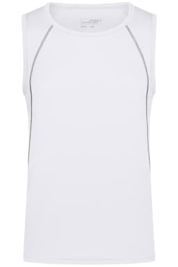 A white men's sports tank top with grey detailing and a logo at the neck. Ideal for athletic activities.
