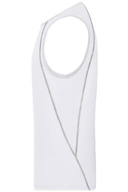 A white men's sports tank top with a unique asymmetrical design and a logo on the front.
