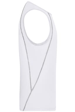 A men's sports tank top in white with a unique design and a logo on the front.