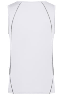 A white men's sports tank top featuring grey stitching and a logo. Suitable as a singlet.