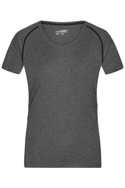 A ladies' sports T-shirt in grey with a rounded neckline and short sleeves, featuring a logo on the label.