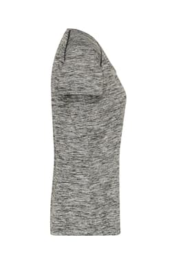 A grey ladies sports T-shirt with a fitted design and short sleeves, featuring a logo on the front.