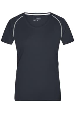 A ladies' sports t-shirt in navy blue with a crew neck and contrasting trim. It features a logo on the front.