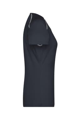 A fitted ladies sports T-shirt in navy blue, featuring short sleeves and a subtle logo on the side.