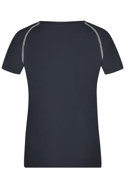 A dark navy ladies sports T-shirt with contrasting stitching, featuring short sleeves and a rounded neckline.