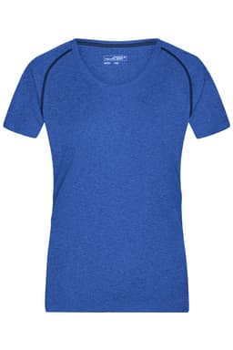 A blue ladies sports T-shirt with short sleeves and a simple design featuring a logo.