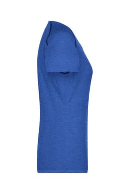 A blue ladies sports T-shirt displayed in a side view, featuring short sleeves and a fitted design.