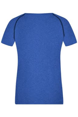 A blue ladies sports t-shirt featuring short sleeves and a fitted design, with a logo on the back.