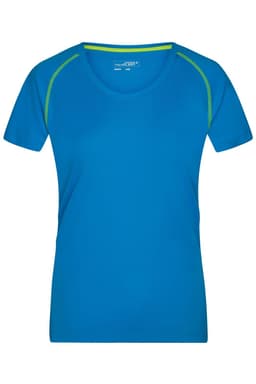 A ladies' sports T-shirt in blue, featuring a fitted design and green accents along the neckline. It has a logo.