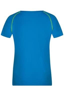 A blue ladies sports T-shirt with short sleeves and green detailing on the shoulders. It features a logo.