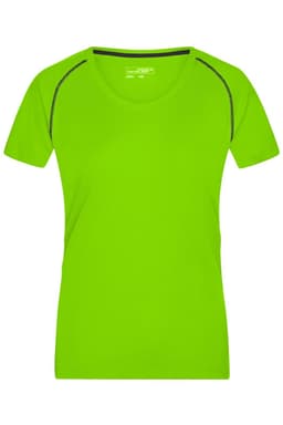 A bright green ladies sports t-shirt with short sleeves and contrasting stitching. It features a logo.