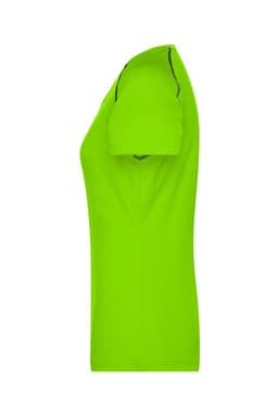 A vibrant green ladies sports T-shirt with short sleeves and a fitted design, featuring a logo.