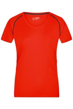 A red ladies sports T-shirt featuring short sleeves and a contrast trim. It includes a logo on the back.