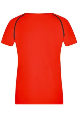 A red ladies sports T-shirt with short sleeves and contrasting seams at the shoulders. Features a logo.