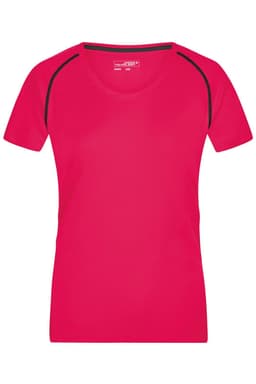 A fitted ladies sports T-shirt in bright pink with black detailing along the shoulders. Features a logo.