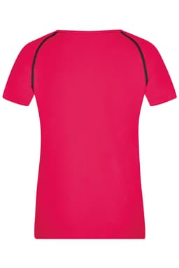 A bright pink ladies sports T-shirt with short sleeves and black detailing on the shoulders.