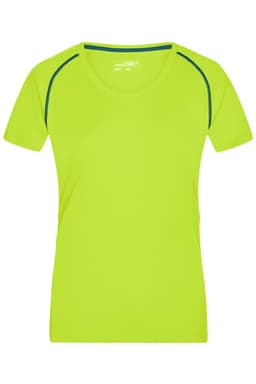 A ladies' sports T-shirt in bright lime green with contrasting blue stitching and a fitted design. It has a logo.