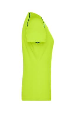 A ladies' sports T-shirt in bright yellow with short sleeves and blue stitching. It features a logo.