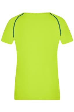 A bright lime green ladies sports T-shirt with short sleeves and contrasting seams. It features a logo on the design.