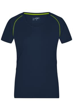 A navy blue women's sports T-shirt featuring contrasting green accents and a logo on the label.