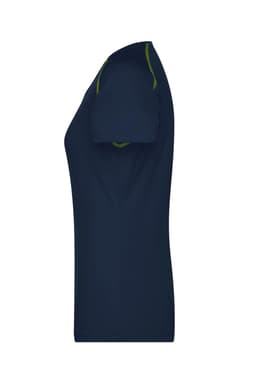 A navy blue ladies sports T-shirt with green accent stitching, featuring a fitted design and short sleeves.