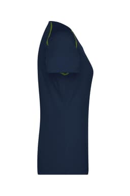 A navy blue ladies sports T-shirt with short sleeves and contrasting trim. The shirt features a logo on the design.