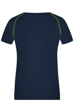 A navy blue ladies sports T-shirt featuring green accents on the shoulder seams. The shirt has a fitted design and a plain back.