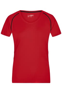 A red ladies sports T-shirt featuring a rounded neckline and contrasting trim. It includes a logo.