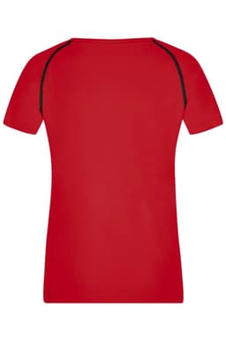 A red ladies sports T-shirt with short sleeves and a simple design. It features contrasting seams and a logo.